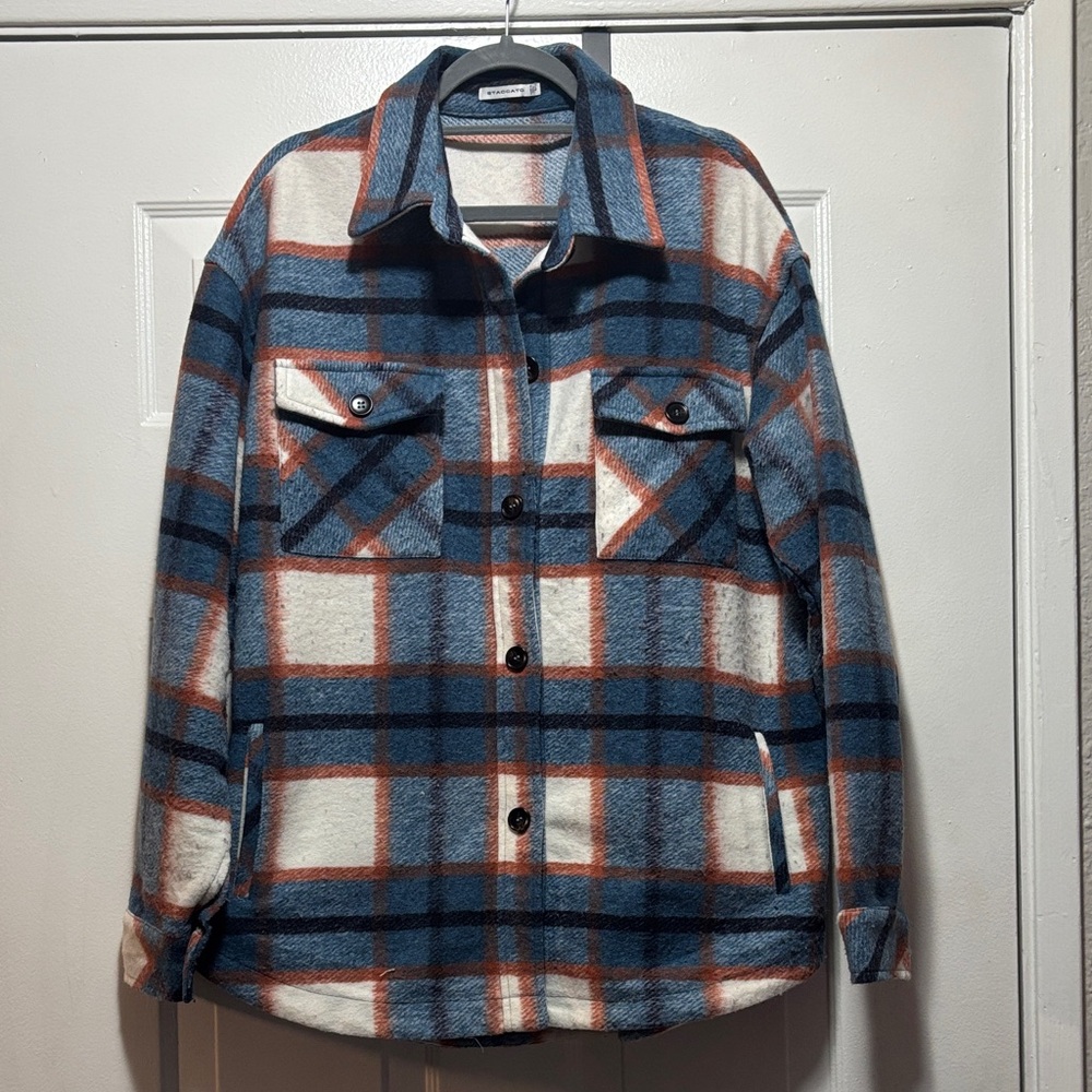 Staccato Woman’s Blue and Orange Plaid Shacket